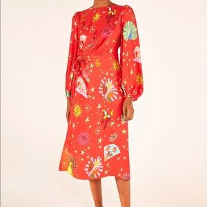 Farm Rio Lotus Star Red / Multi Midi Dress w/ beaded fringe belt- Small